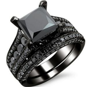 BLACK GRAY GOTHIC WEDDING BAND ENGAGEMENT RING SET